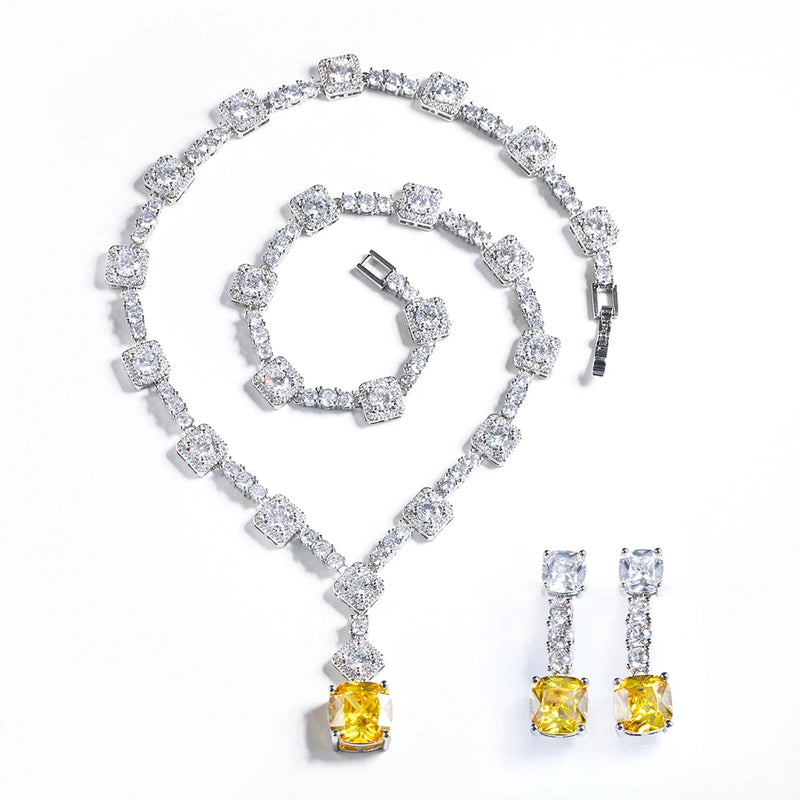 Super Shiny Big Square Yellow Cubic Zirconia Stone Wedding Bridal Necklace Earrings Party Costume Jewelry Sets for Women T0726