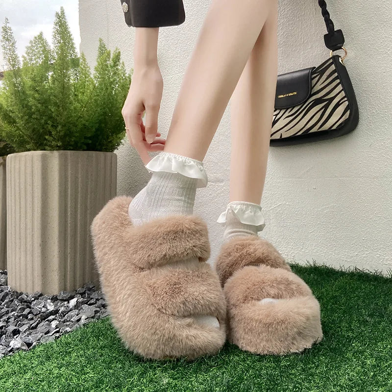 Summer Home Furry Fur Slides Plush Slippers Fluffy Flip Flops Luxury Slip on Platform Female 2023 Zapato De Mujer Designer