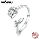 WOSTU 925 Sterling Silver Camellia Flower Open Rings For Women AAA Clear Zircon Adjustable Ring Wedding Engagement Jewelry Gift
