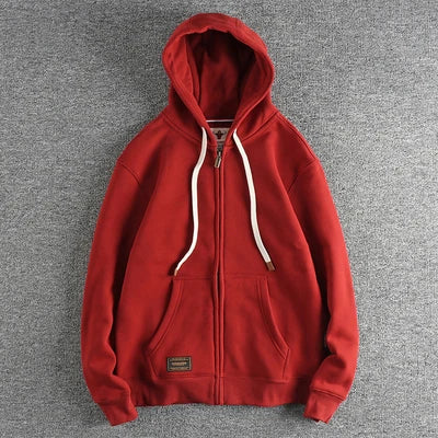Autumn Winter American Retro Heavyweight Long Sleeved Hooded Hoodies Men's Simple Thickened Velvet Casual Cardigan Sweatshirts