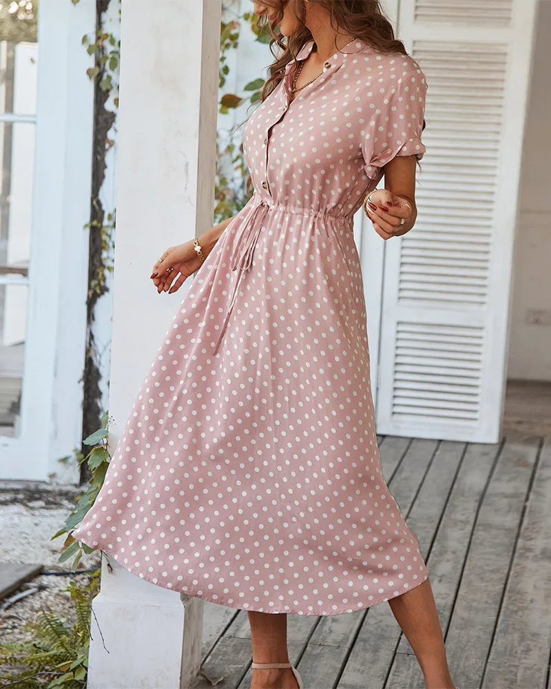 Ladies Polka Dot Print Shirt Dress Women Casual Midi Holiday Summer Dress Female Loose Women Beach Dress Sundress Robe Vestidos