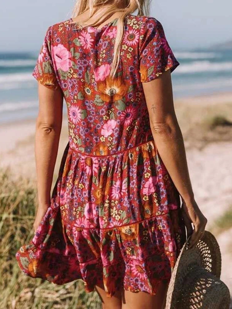 Vintage Chic Women Short Sleeve Floral Print Fashion Beach Bohemian Mini Dress Ladies V-neck Summer Rayon Cotton Boho Dresses