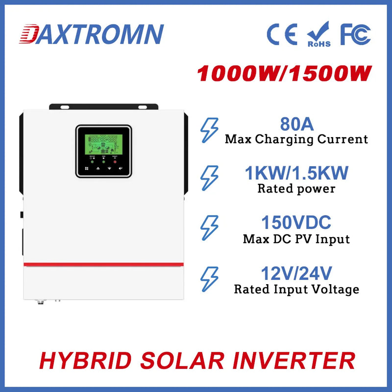 DAXTROMN 1KW 1.5KW Hybrid Solar Inverter 12V 24V 220V Pure Sine Wave Hybrid inverter Build in 80A MPPT Solar Charge Controller