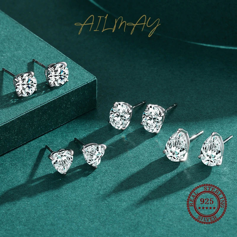Ailmay Real 925 Sterling Silver Luxury AAAAA Level Sparkling CZ Geometric Stud Earrings For Women Wedding Statement Jewelry Gift