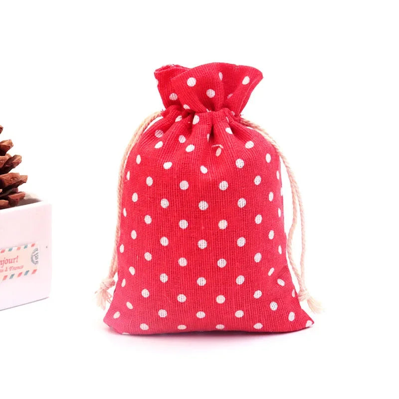 50Pcs/lot  (10x14cm) Linen Printed Cotton Gift Bags Packing Jewelry Drawstring Pouch Cosmetic Wedding Candy Wrappling Reusable
