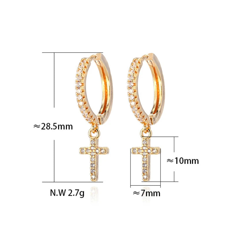 New Fashion Cute Cross Ear Buckle Earrings Shiny Cubic Crystal Gold Color Hoop Earrings for Women Korean Wedding Jewelery