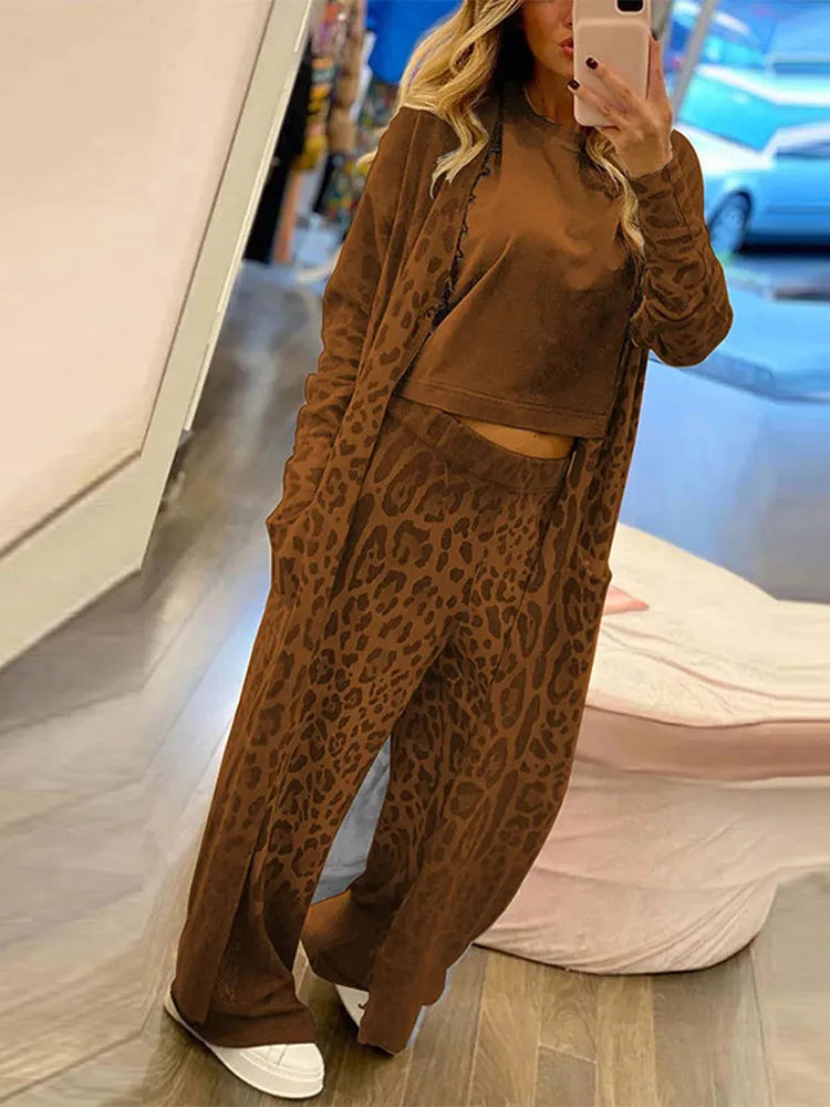 Leopard Print Women's Cardigan Set Long Sleeve Buttoned Coat Straight Leg Pants 2024 Spring Summer Casual Lady 2 Piece Sets