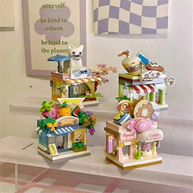 NEW Restaurant Dessert Coffee Pet Fruit Store Street View Food House Building Blocks Kit Girls Bricks Model Kids Toy Children