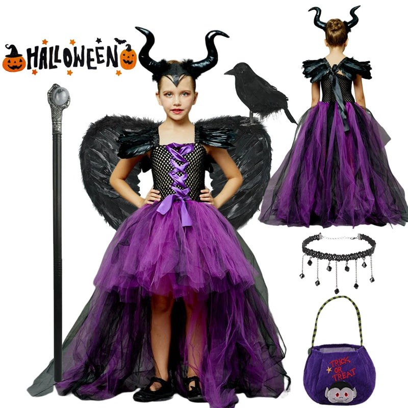 Disney Maleficent Costume Deluxe Girls Halloween Carnival Party Purple Trailing Mesh Dress Kids Cosplay Demon Queen Witch Clothe