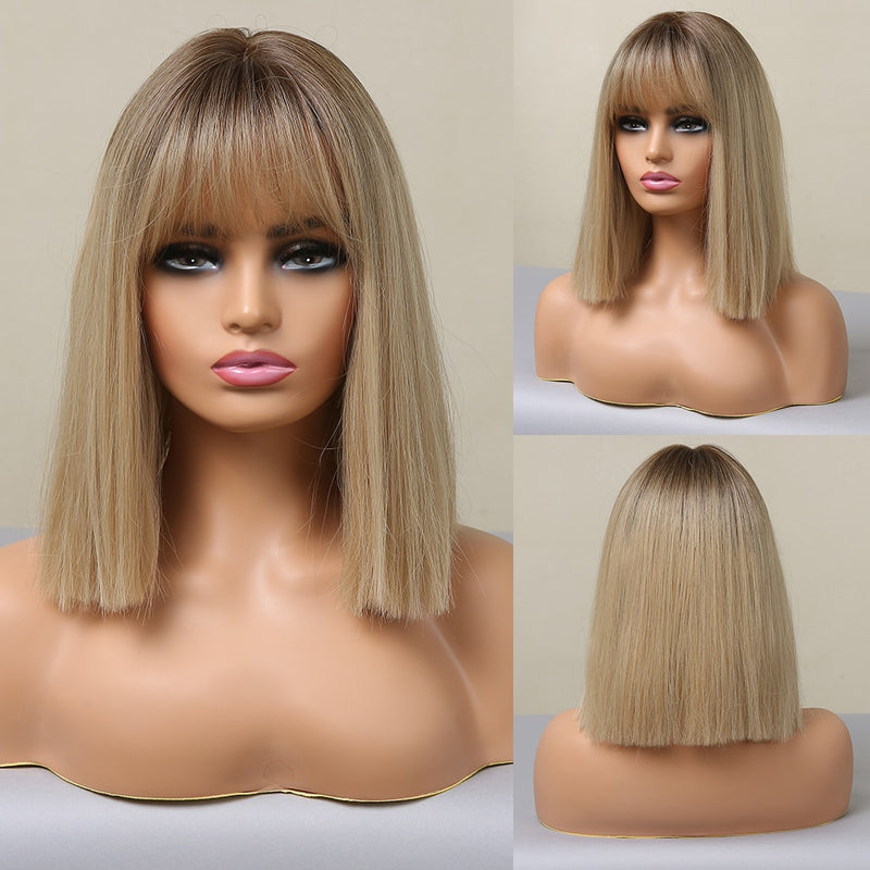 LOUIS FERRE Ombre Blonde Synthetic Wig with Bangs for Women Medium Length Layered Straight Bob Wigs Heat Resistant Daily Use Wig