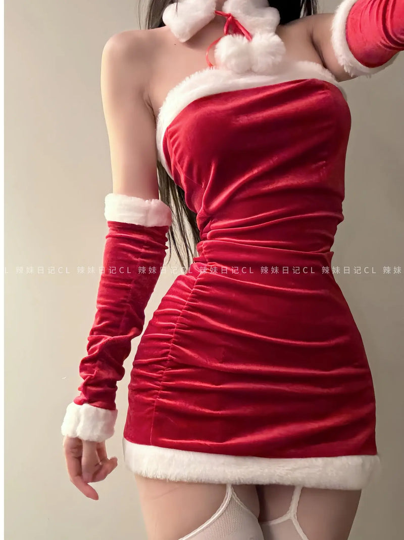 WOMENGAGA Spicy Girl Christmas Girl Sexy Spicy Girl Bra Splice Slim Christmas Dress Elegant Girl Red Sweet Korean Women ZRG2