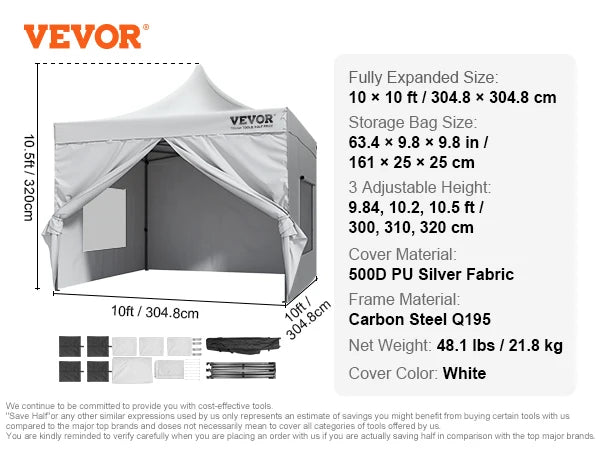 VEVOR 10x10 FT Pop up Canopy with Removable Sidewalls Portable Gazebo & Wheeled Bag UV Resistant Waterproof Tent for Patio