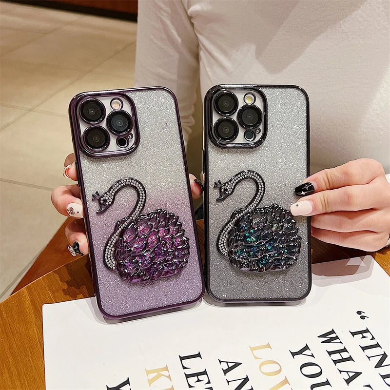 Double Color Gradient Diamond Swan Phone Case For iPhone 15 Plus 14 13 12 Pro Max 15Pro 11 Glitter Silicone Cover with Quicksand