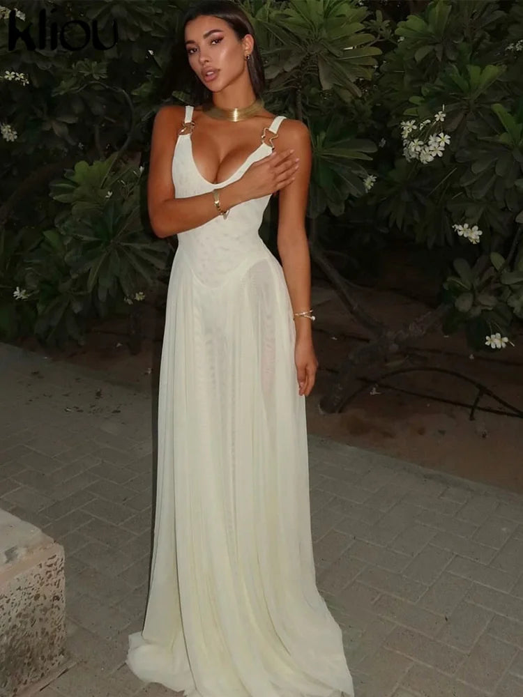 kliou Elegant Women Maxi Dress Solid Mesh Stacked Draped Suspendency Metal Connect Sheath Frock Mujer Trend Concise Banquet Robe