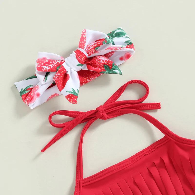 VISgogo Toddler Girls Swimsuits Bikini Set Solid Color Tassel Tops Strawberry Flower Shorts Headband Swimwear Bathing Beachwear