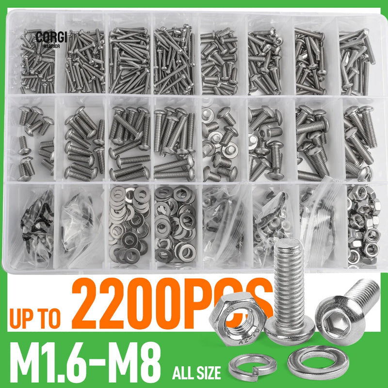 2200 Hex Button Socket Head Screws Set M1.6 M2 M2.5 M3 M4 M5 M6 M8 304 Stainless Steel Allen Round Head Cap UNC Bolts Nut Kit