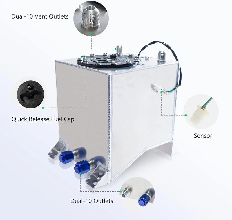 Universal Aluminum 2.5/5/10/15/20 Gallon 10/20/40/60/80L Fuel Surge Cell Tank With Cap and Sensor Foam Inside Silver