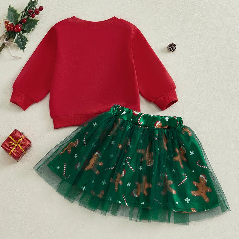 Suefunskry Toddler Girls 2Pcs Christmas Outfits Long Sleeve Gingerbread Sweatshirt Candy Cane Print Tulle Skirt Baby Fall Set