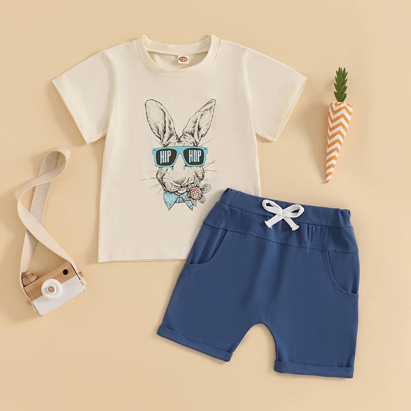 Adorable Toddler Boys Easter Outfits with Bunny Print Round Neck Short Sleeve T-Shirts and Elastic Waist Shorts - 2 Piece