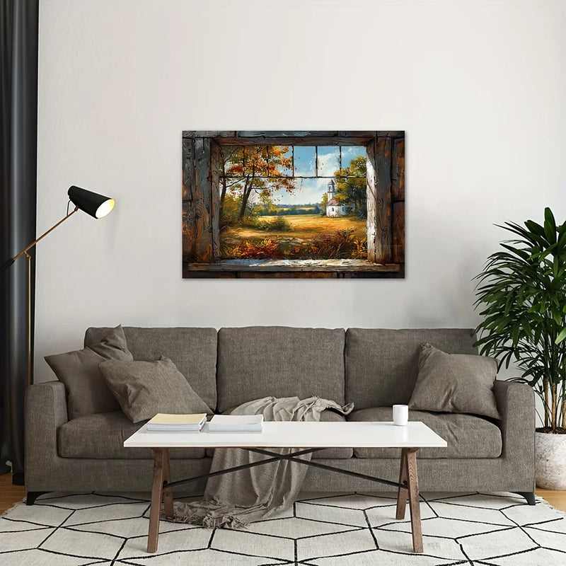 1 PCWooden Framed Canvas Window & Tree Wall Art Print For Home Living Room & Bedroom Holiday Party Decoration Gift Hangable