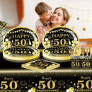 Happy 50th birthday party table supplies, black and gold theme, napkins, 7inch paper cups, tablecloth, plates,  party decoration