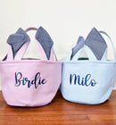 Personalized Seersucker Easter Basket with Gingham Floppy Bunny Ears, Embroidered Canvas Seersucker Easter Baskets for Kids Gift