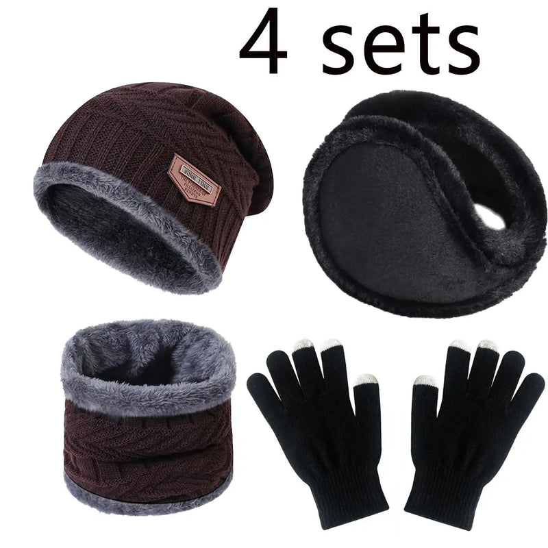 4pcs sets Winter Warm Velvet men Hat Scarf Gloves Set For men and women Girls Outdoor Riding Hat Beanies Neck Protection Scarf C