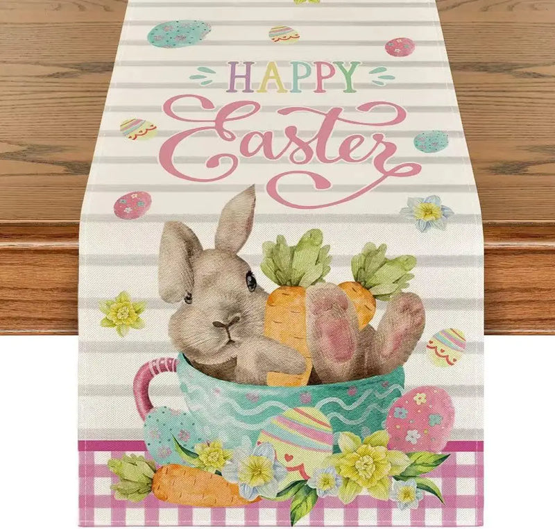 2024 Easter Rabbit Table Runner Linen Bunny Dining Table Cloth Placemat Spring Holiday Happy Easter Decoration For Home Kitchen