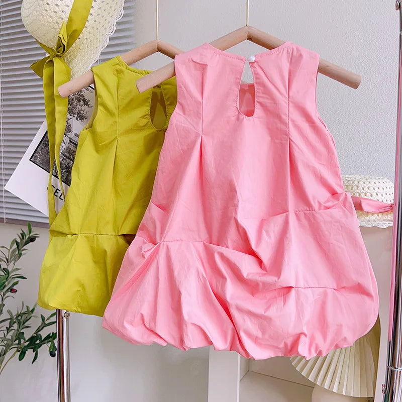 2023 Summer New Arrival Girls Sleeveless O Neck Bow Pink Green Cute Roupa Infantil Menina Cute Party Dress Custume 18M-7T