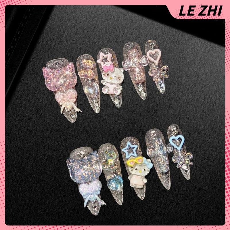 10Pcs Y2K Spicy Girl Long Coffin Handmade Press On Nails 3D Sanrio Hello Kitty Bear Pearl Diamond Pentagram Wearable False Nail
