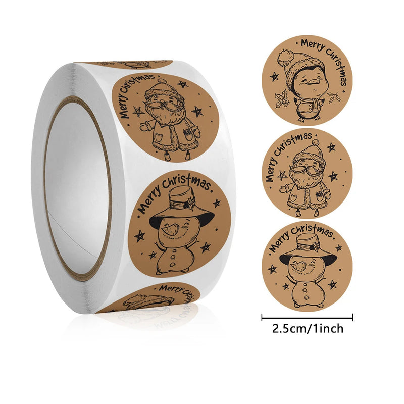 500pcs/ROLL Kraft paper Christmas stickers New Year Thank you stickers Christmas decoration for Card Gift Box Package 1inch