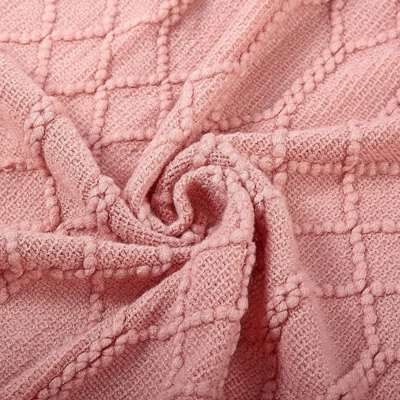Inyahome Knitted Chunky Throw Blankets for Couch and Bed Soft Cozy Knit Blankets with Tassel Farmhouse Warm Woven Blankets Pink