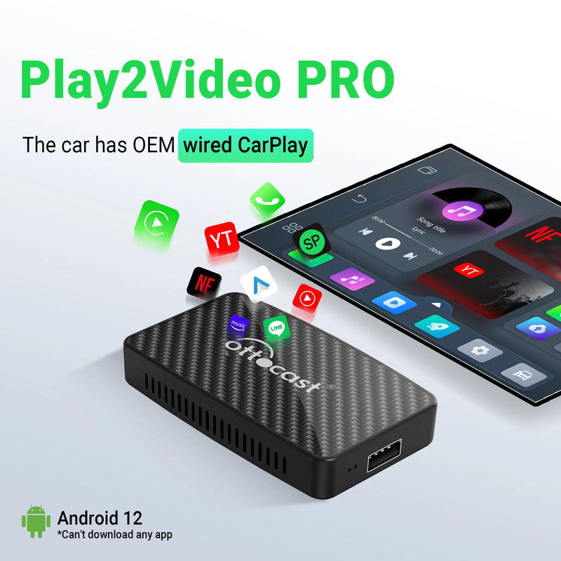 OTTOCAST Play2Video Pro Wired to Wireless CarPlay Android Auto Adapter TV Video AI Box for Youtuber for Netflix Car Accessories