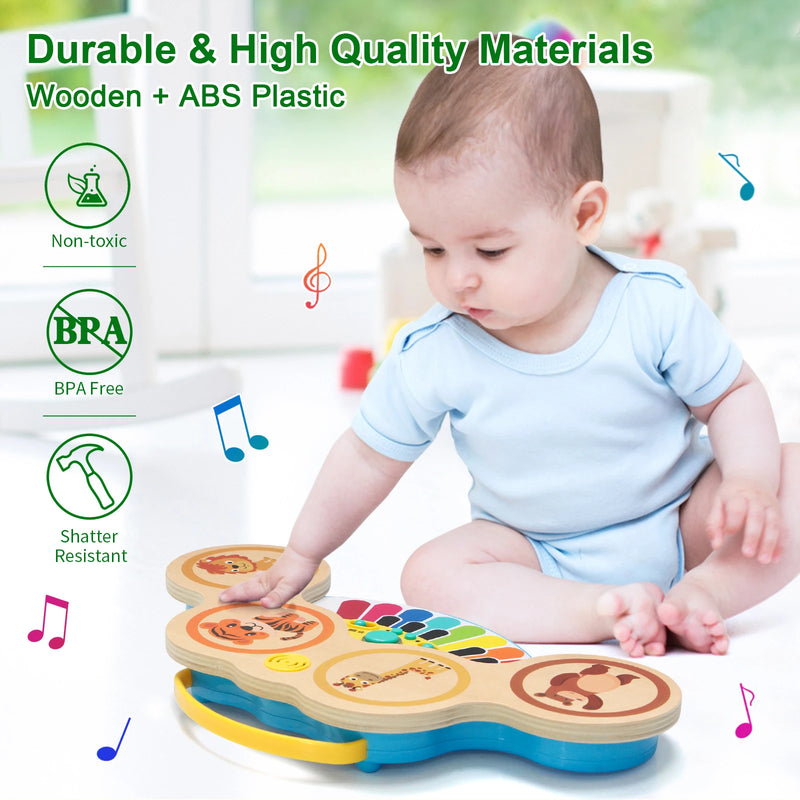 Wooden 2in1 Keyboard Piano Clapping Drum with Light & Music Cartoon Animals Music Toys Educational Toys for 12 months Baby Gifts
