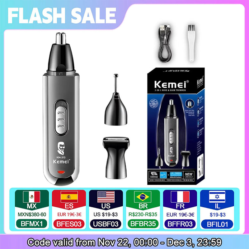 Kemei 3 IN 1 Eyebrows Trimmer Type-C Nose Trimmer Electric Replaceable Hair Remover Professional USB Charging Hair Shaver KM-313