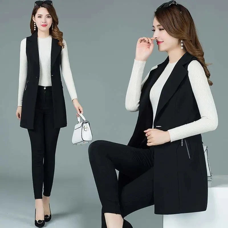 2024 New Spring Autumn Coat Casual Long Blazer Vest Women Sleeveless Jacket Elegant Office Lady Waistcoat Female Outwear M-4XL