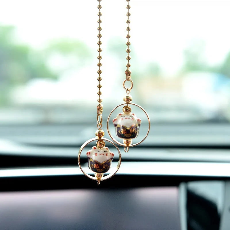 Cute Lucky Cat Charm Car Pendant Automobiles Rearview Mirror Suspension Decoration Accessories Hanging Pendant Gifts for Girls
