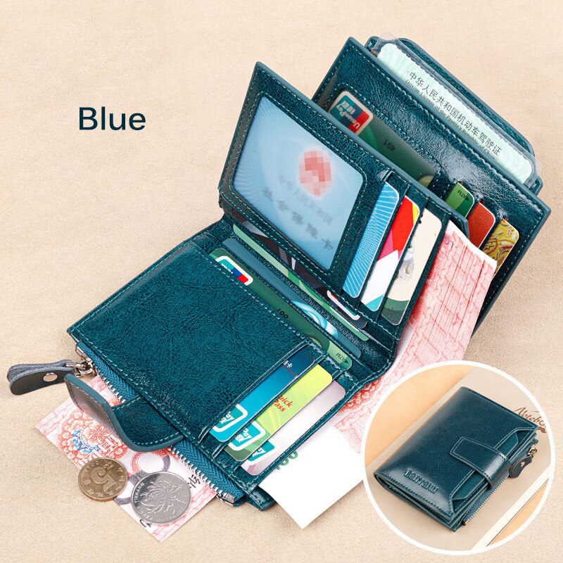 Fahion Women Genuine Leather Wallet RFID Blocking Short Multi Function Large Capacity Zipper Coin Purse Money Clip