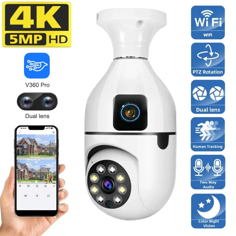 5MP E27 Bulb WiFi Camera Dual Lens Indoor Surveillance Human Tracking Wireless Two-Way Audio Cameras Night Vision IP Camcorder