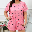 Plus Size XL-5XL Oversized Sleepwear Round Neck Women's Pajamas Sets Short Sleeve T-Shirt Shorts Pink Heart Print Loungwear 2PC