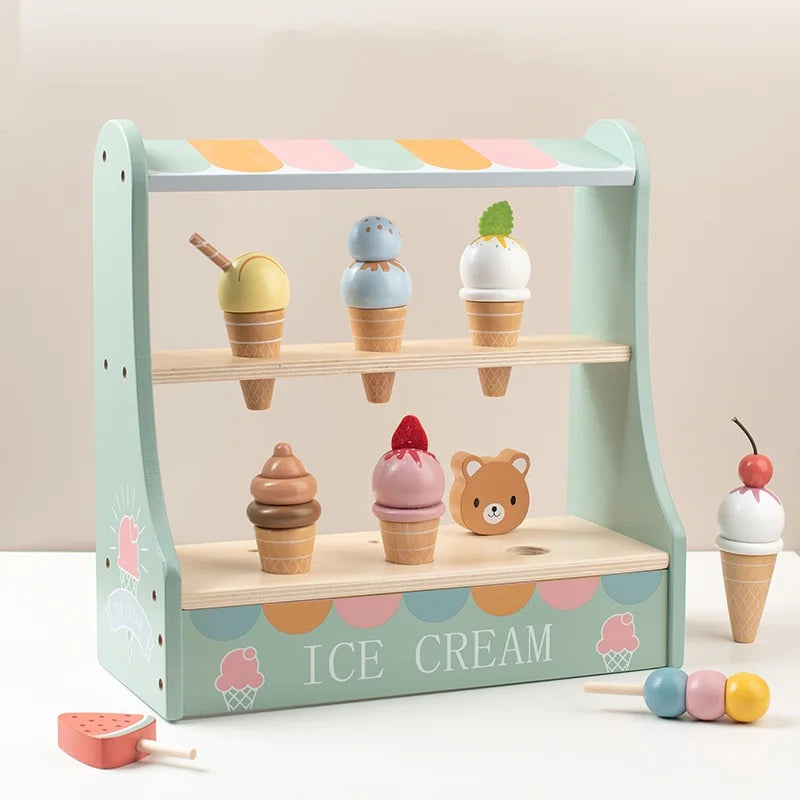 Wooden Ice Cream Montessori Toddler Toys Kitchen Pretend Play Food Coffee Maker Toy Set Accessories for Children Gifts Ages 3+