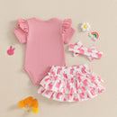 Adorable Baby Easter Outfit with Bunny Print Short Sleeve Romper Ruffled Shorts and Matching Headband - 3 Piece Set for Girls