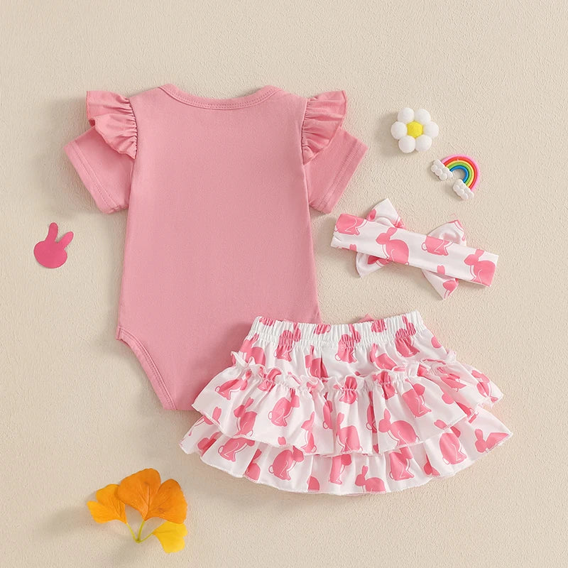Adorable Baby Easter Outfit with Bunny Print Short Sleeve Romper Ruffled Shorts and Matching Headband - 3 Piece Set for Girls