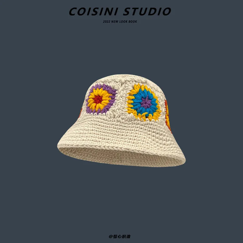 2024 New Korean-Japanese Hand Buckle Crochet Bucket Hat Spring and Autumn Winter Sun Hat Female Cherry Designer Bob Basin Hat