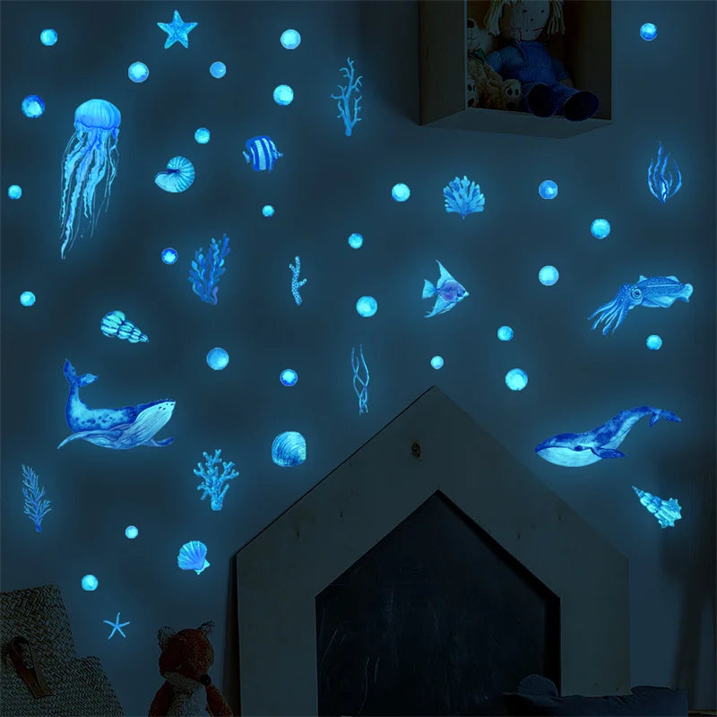 Ocean Creatures Glow in The Dark Wall Stickers Home Decor Luminous Fluorescent Sea Animals Decals for Baby Kids Room Decorations