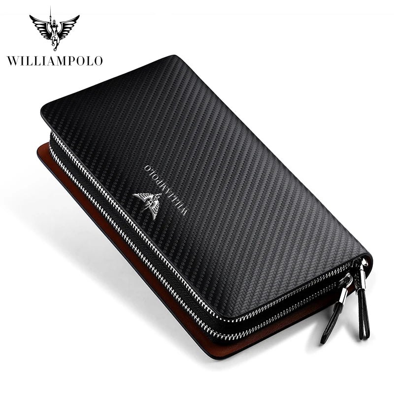 WILLIAMPOLO Men's Wallet Business Large Capacity Clutch Bag Genuine Leather Clutch Wallet Double Zipper Handbag Long Men Wallet