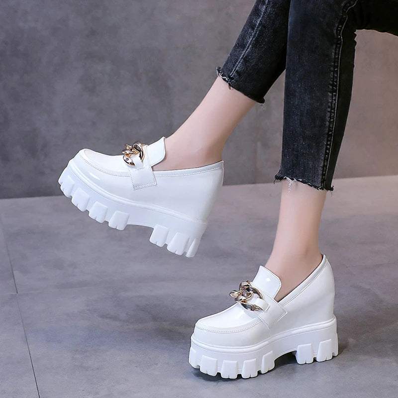 Women Patent Leather Chunky Sneakers Loafers Breathable Chain High Heels Platform Casual Shoes Flats Woman Vulcanize