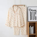 Spring New Ladies Pajamas Set Heart Printed Crepe Cotton Double-layer Gauze Turn-down Collar Long-sleeve Trousers Household Wear