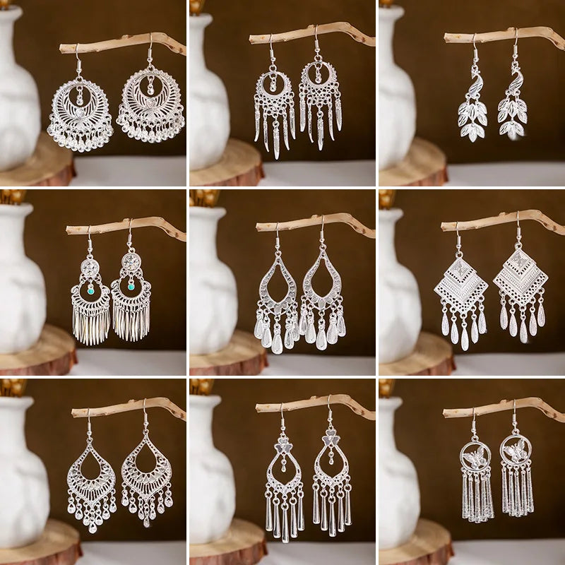 Vintage Long Tassel Silver Color Earrings Retro Hollow Out Geometry Peacock Dangle Hanging Earrings for Women Indian Jewelry