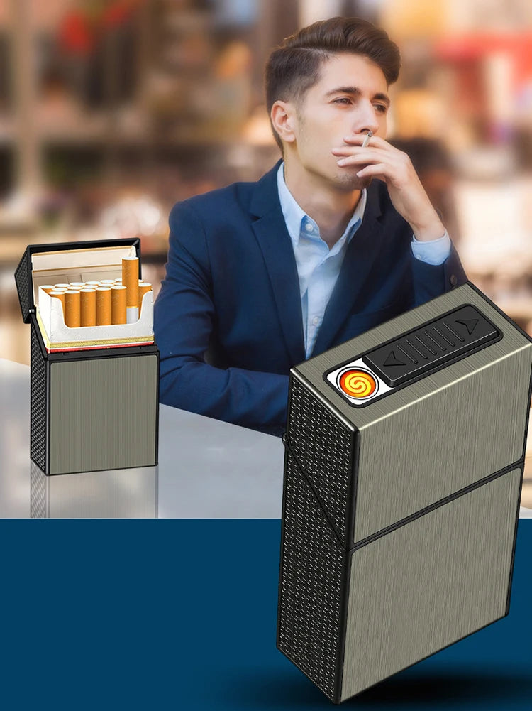 Cigarette Case Box with USB Chargeable Lighters Flameless Windproof Lighters 20pcs Slim Capacity Gadgets for Men Gift